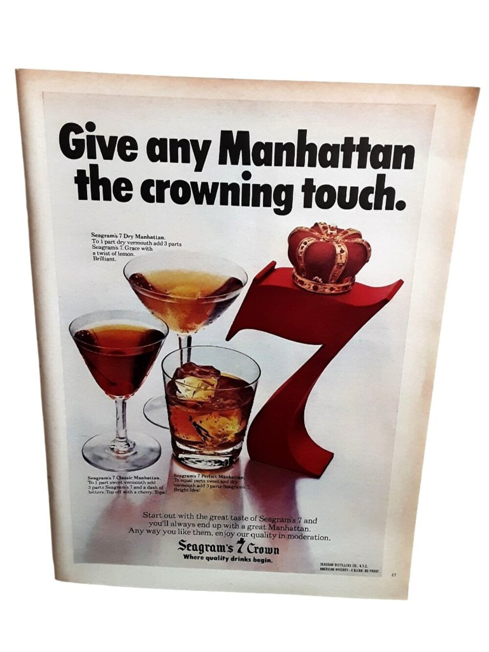1978 Seagram's 7 Crown Manhattan Cocktail Vintage Whiskey Print Ad